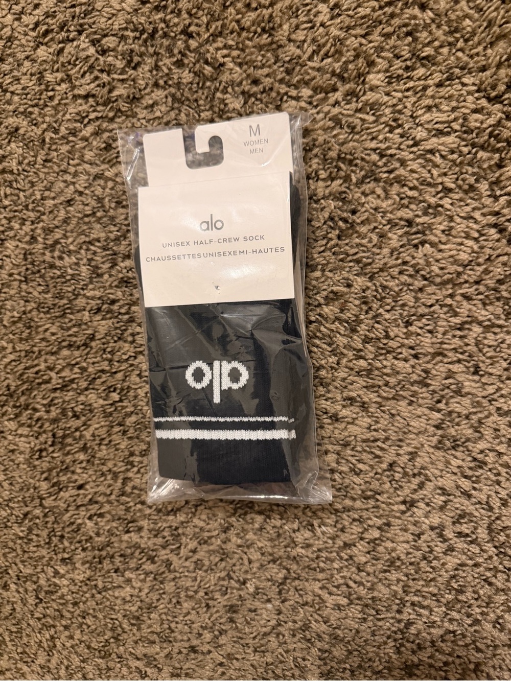 ALO Yoga Black Half-Crew Socks with White Logo and Stripe